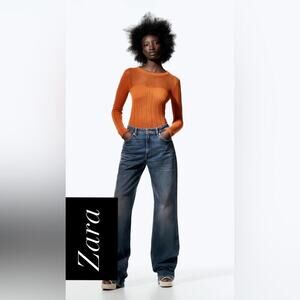 Zara Burnt Orange Crochet Knit Long Sleeve Sweater - L NWT